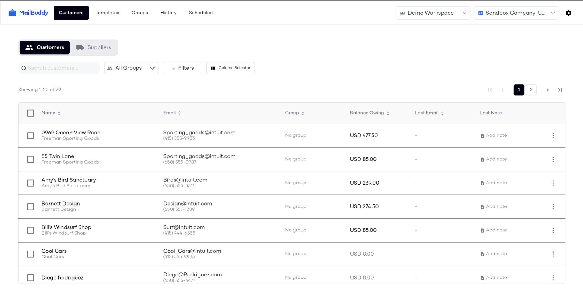 MailBuddy app showing the customers list with contacts synced from QuickBooks